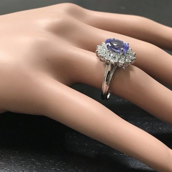 4.20 Ct Natural Tanzanite & Diamond 14KW Gold Ring